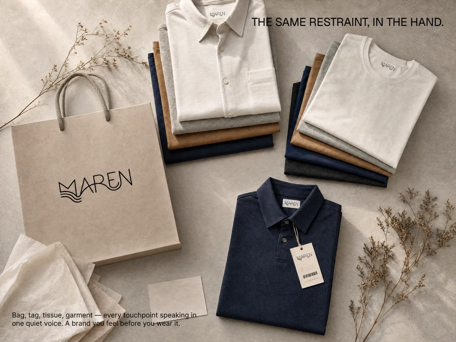 Maren — folded garments and packaging flat lay